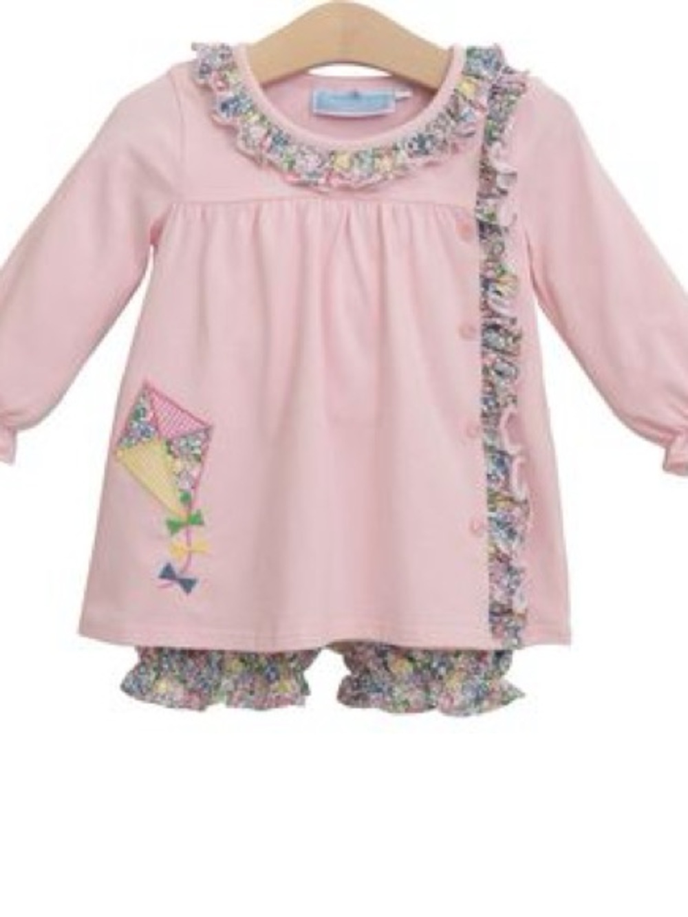Girls Pink Ruffle Tunic Top with Kite Appliqué and Floral Trim